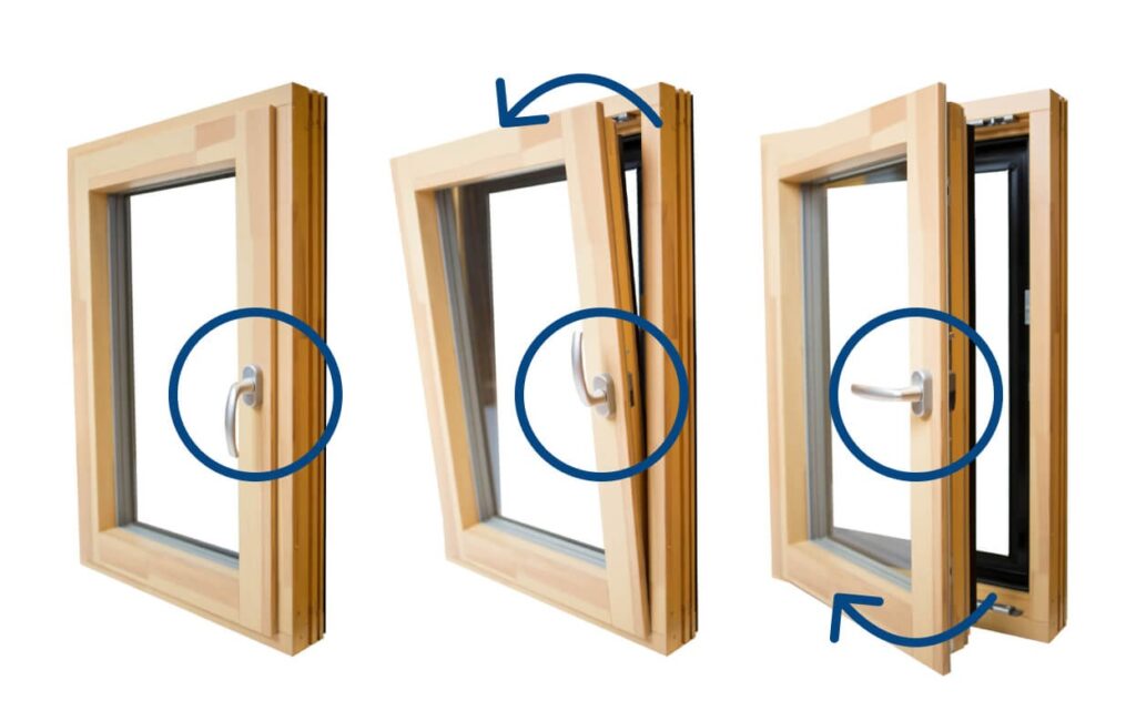 Tilt turn window showing secure inward tilt ventilation position
