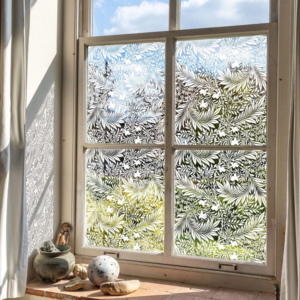 Decorative floral window film providing privacy with natural light