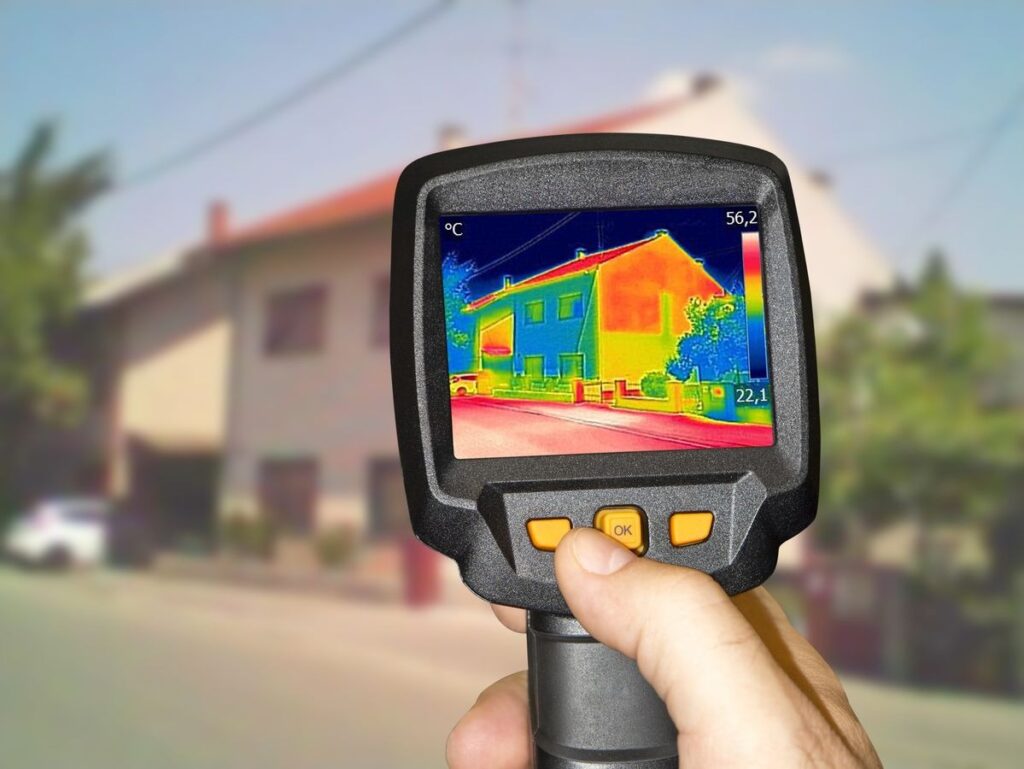 Thermal camera showing heat loss patterns on residential home exterior