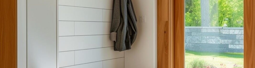 Bright modern mudroom with large window and wood finishes