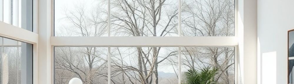 Modern living room with large floor to ceiling windows