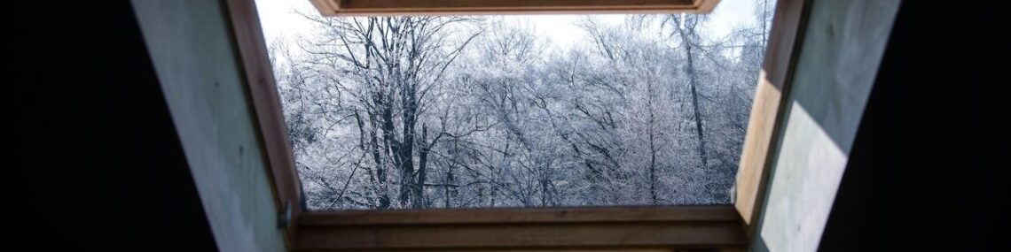 Winter skylight showing ice buildup and frozen rooftop view